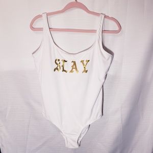 White one piece swimsuit slay in gold women's 1X
